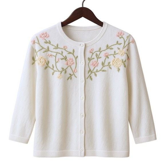 Vintage 80s Cream Cardigan Floral Embroidered‎ Pearl Button Retro Grannycore XL - Picture 1 of 6